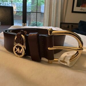 Michael Kors Brown Leather Belt with Gold Buckle. Genuine Leather